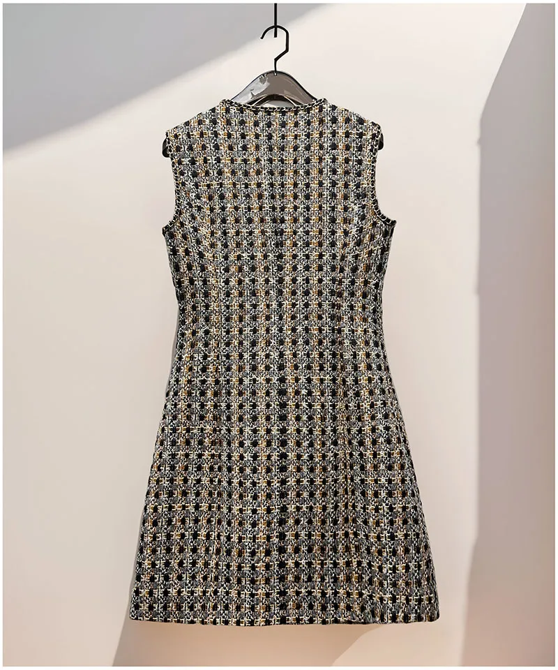 เดรสสั้นทรงเอเข้ารูปเอวสูง แขนกุด คอวี สไตล์วินเทจฝรั่งเศส ผ้าทวีดอเนกประสงค์ สำหรับผู้หญิง ฤดูใบไม้ร่วง