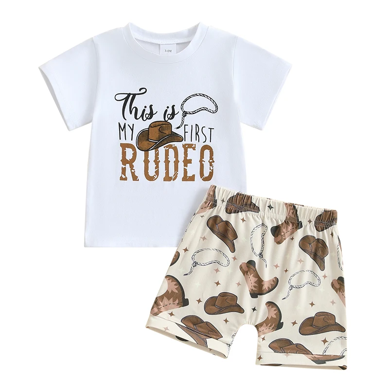 Baby Toddler Boy Western Outfit Letter Short Sleeve T-shirt Boot Shorts 2 Piece Summer Set