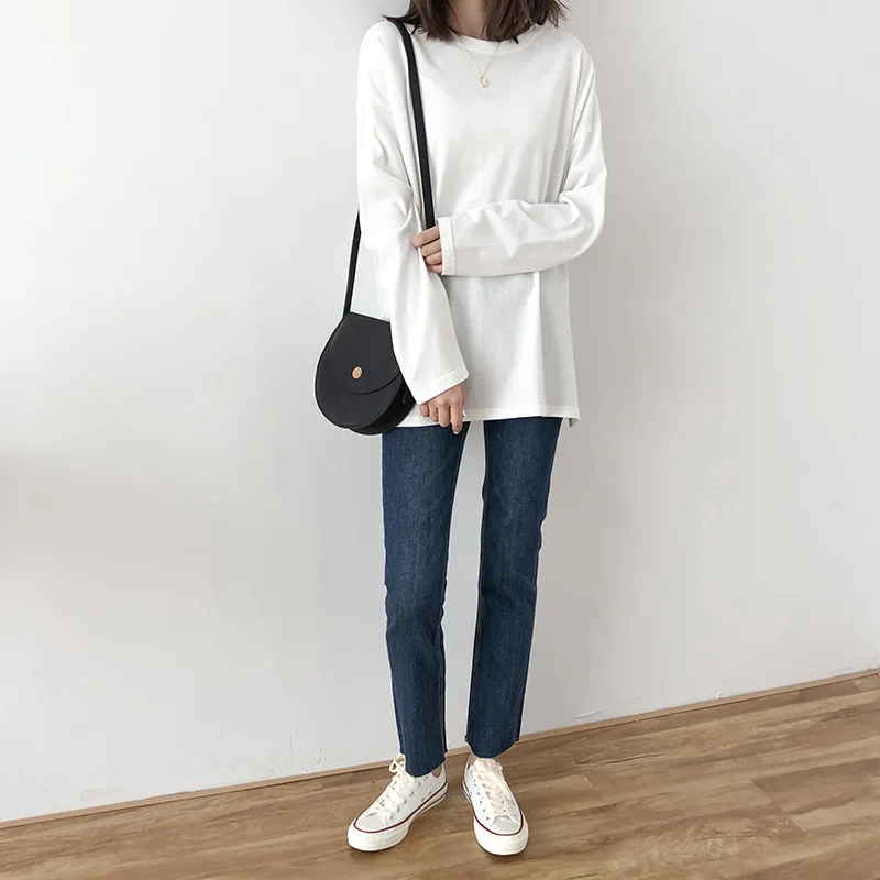 

2023 Spring Autumn Women's Solid Color Loose Long Sleeve T-shirt O-neck Basic Top Bottomed Shirt Casual Tshirt Woman Femal