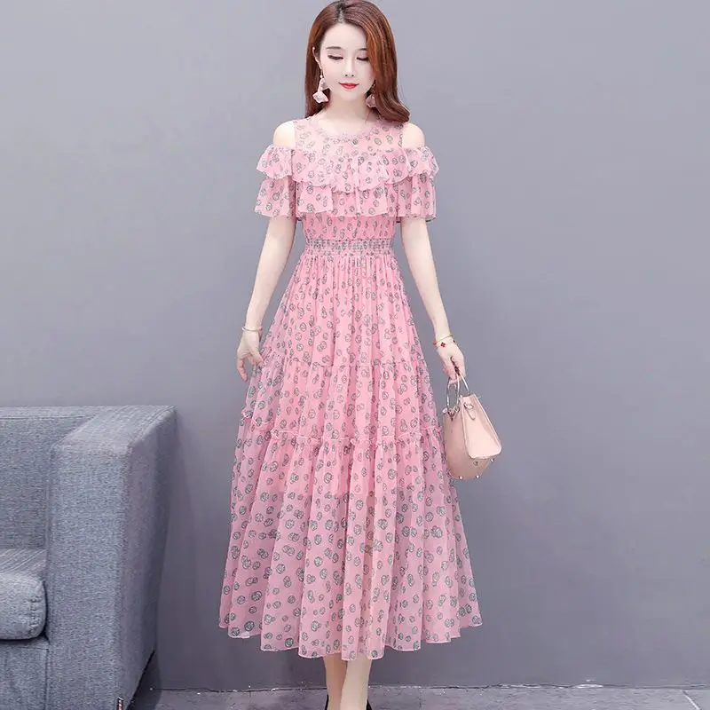 Elegant O-Neck Spliced Folds Ruffles Off Shoulder Floral Dress Women Clothing 2024 Summer New Loose Office Lady Midi Dress