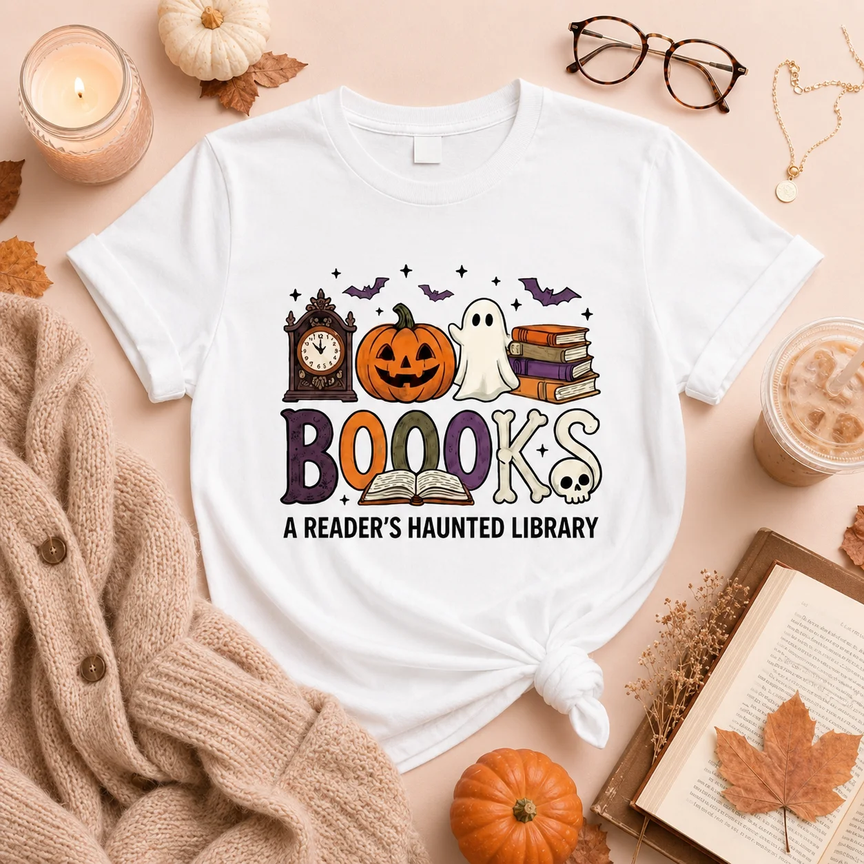 Halloween Book Lover Graphic Women's 100% Cotton T-Shirt, Boooks A Reader's Haunted Library Ghost Pumpkin Fall Casual Top