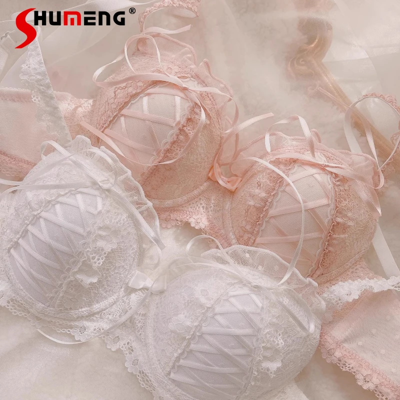 

Wireless Bra Set for Women Sweet Lace Up Bow Pure Desire Sexy Intimates Female Japanese Push Up JK Underwear Brief Suits