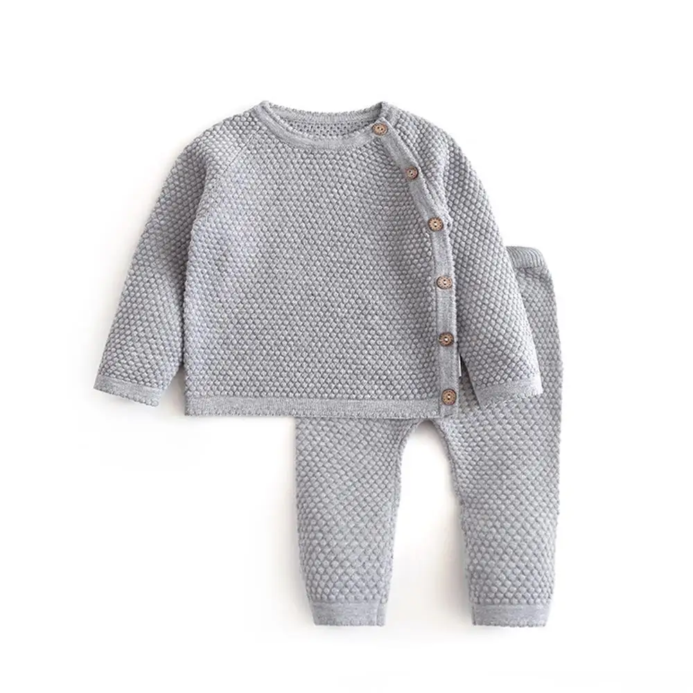 Spring Autumn Baby Clothes Casual Set Knitted Clothing Baby Boy Girl Clothes Set Warm Solid Color Top + Pants Two Piece Set