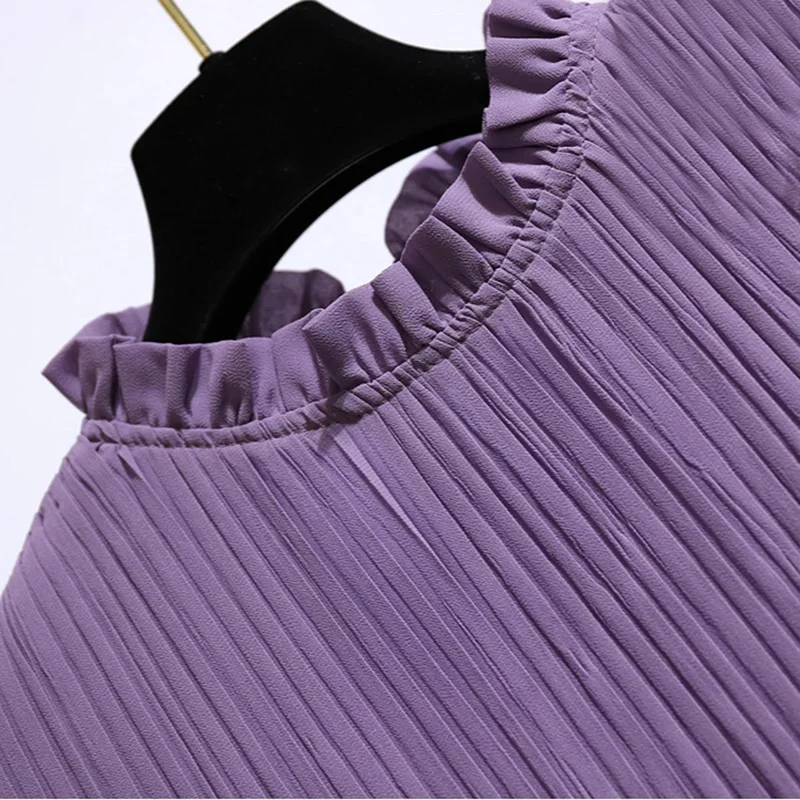 Lavender Ruffled Collar Pleated Elegant Lace Up Chiffon Women\'s Dress A-Line Knee-Length Dresses For Women Clothing Fashion 2024