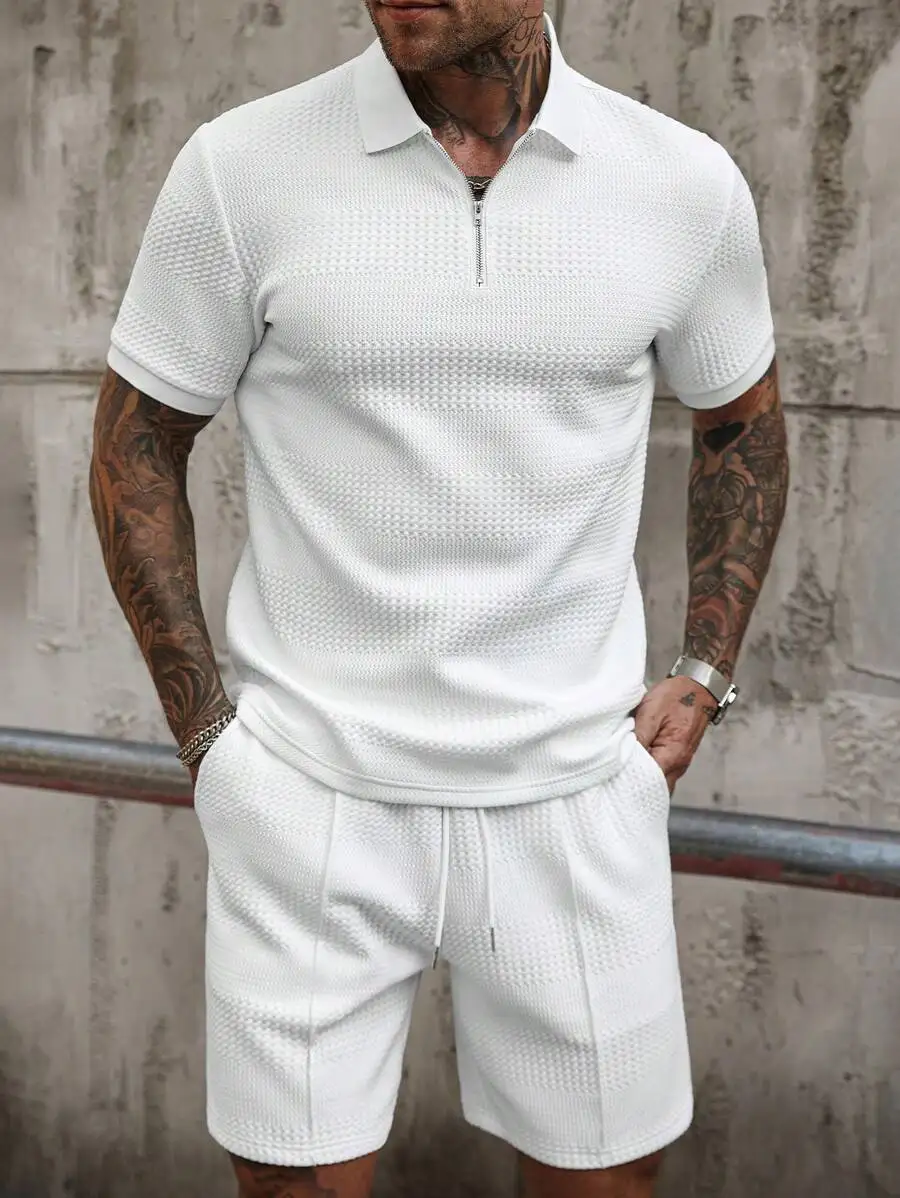 

Men's White Textured Half-Zip Short Sleeve Polo Shirt and Shorts Set