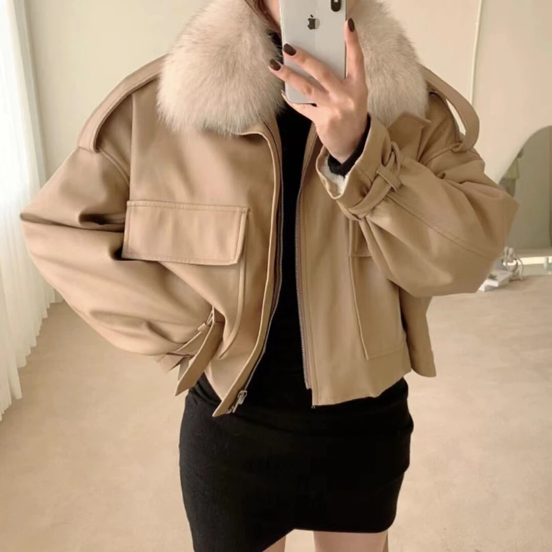 JulyPalette 2022 Autumn Winter Thicken Fleece Short Leather Jacket Fashion Detachable Imitation Fox Fur Collar Women Moto Jacket