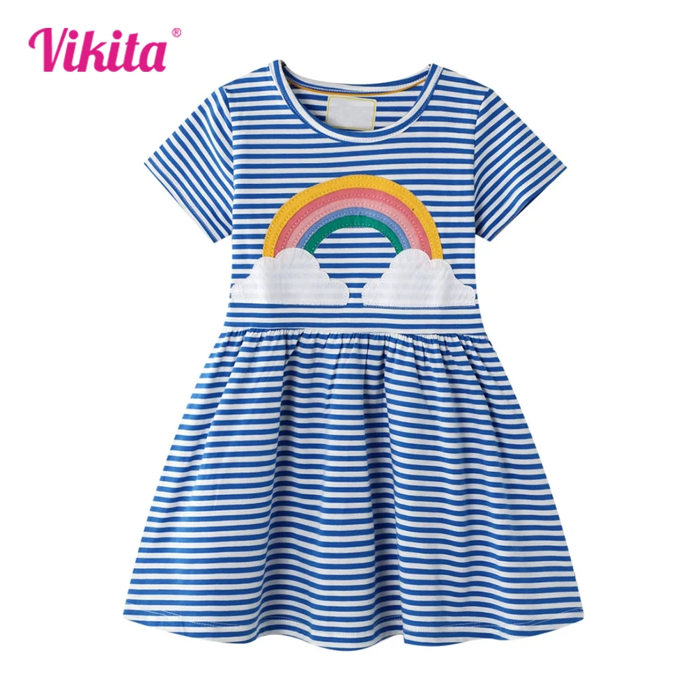 

VIKITA 2025 New Girls Summer Short Sleeve Cartoon Rainbow Casual Striped Dress Cotton Clothes for Kids Children's Clothing 3-7 Y