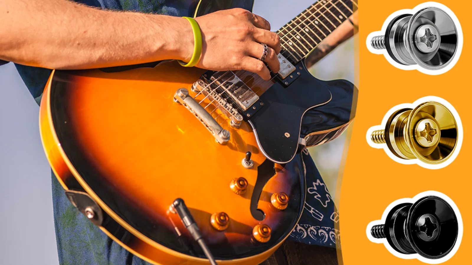 2 Sätze Gitarrengurtstifte – schwarz/gold/silber, ausgestattet mit rutschfesten Unterlegscheiben für besseren Gitarrenschutz. Nicht nur ein Connec – Detail 2