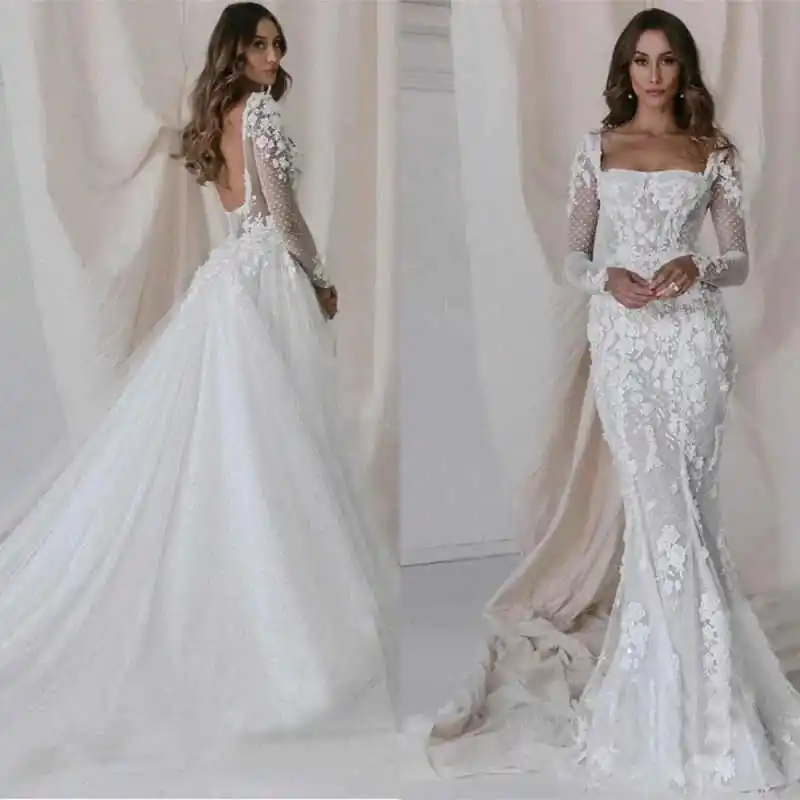 فساتين زفاف أنيقة برقبة مربعة وأكمام طويلة فساتين زفاف بدون ظهر مقاس كبير لـ Special Ocn Vestido De Novia