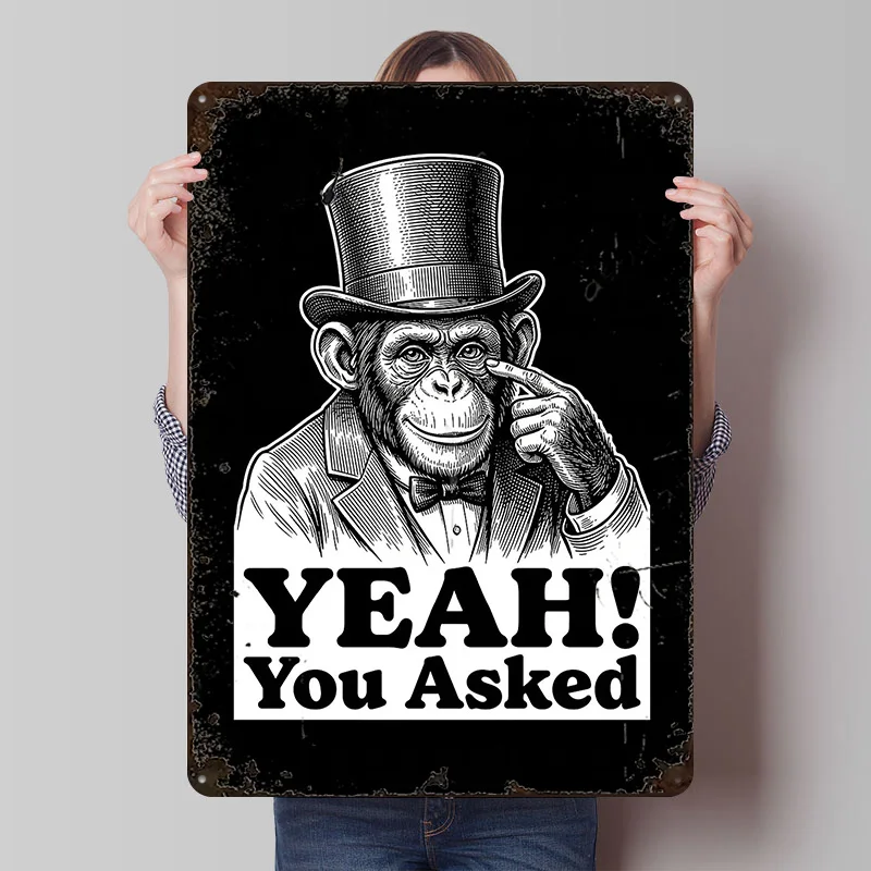 Chimpanzee in Top Hat and Suit Printing Poster Customized Retro Wall Art Vintage Metal Signs for Decoration Living Room Man Cave