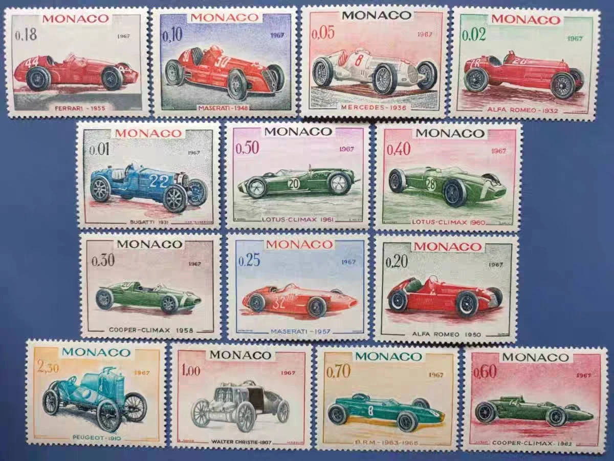 Monaco Post-Postmarken Porto Y1967 Grand Prix Classic Car Komplettset 14 Ganz neues Sammler-Postmarkenmaterial für Scrapbooking – Detail 1