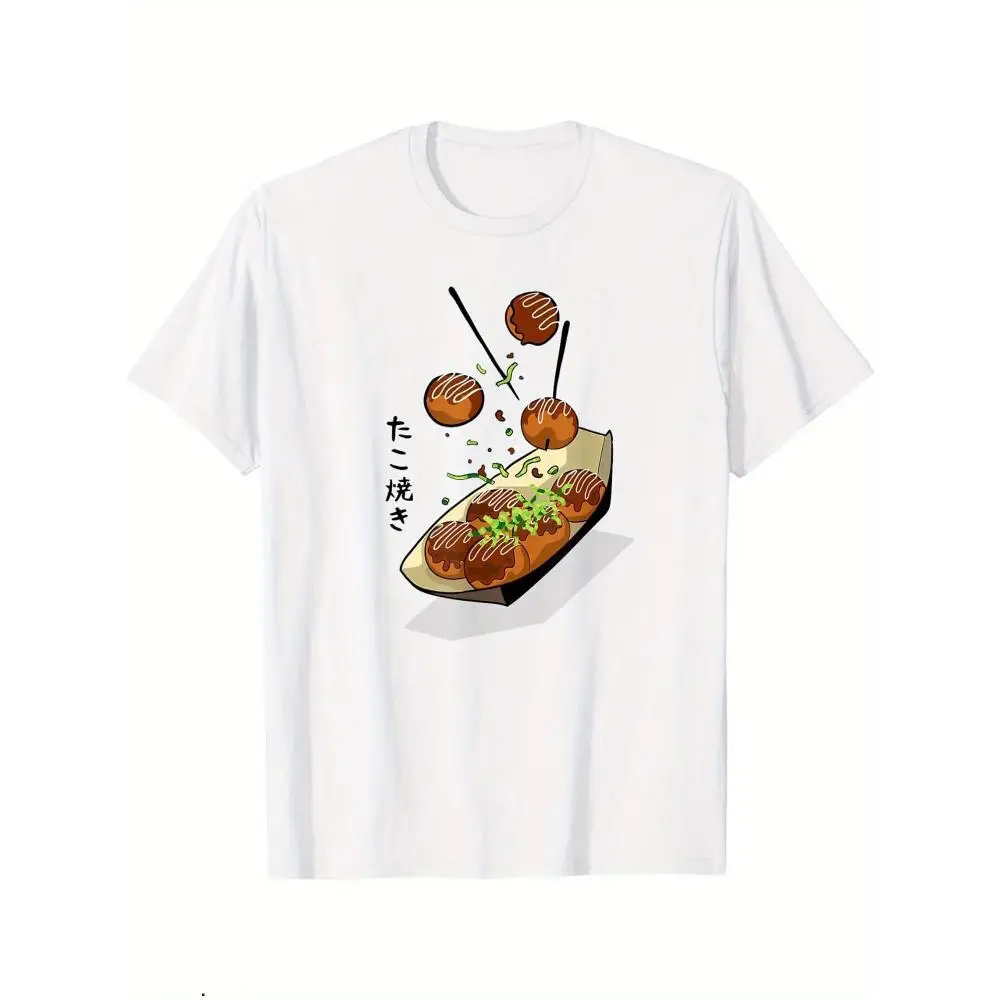 Okonomiyaki Street Food Design Weißes, lässiges Kurzarm-T-Shirt mit japanischem Pfannkuchen-Print und Textdesign, Unisex-Grafik-T-Shirt