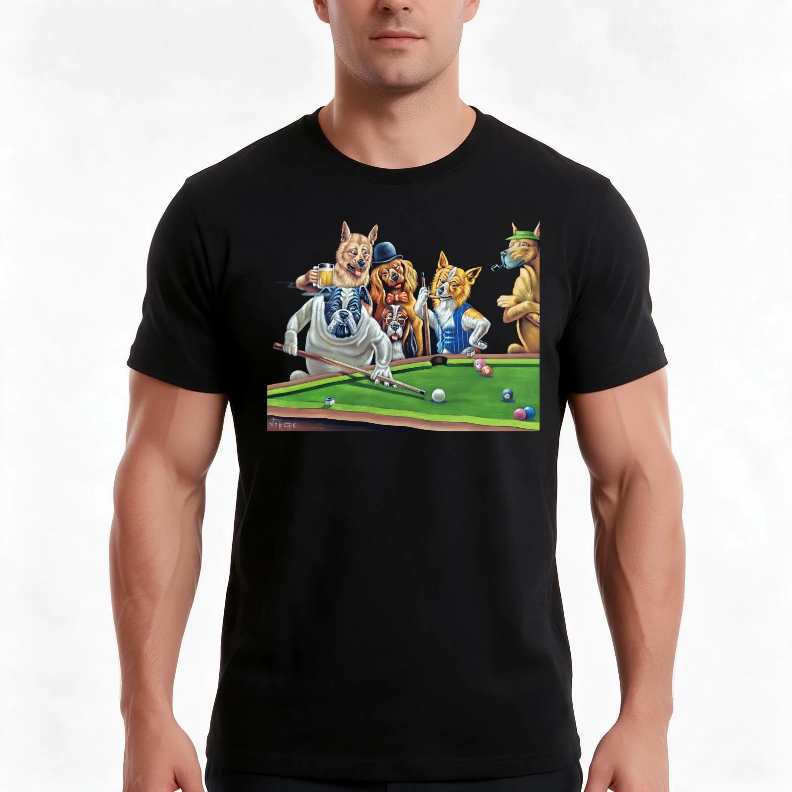 Dogs Playing Pool after Cassius Coolidge by Jorge Torrones oil on black velvet T-Shirt Summer Casual Cotton Tee 100% Cotton