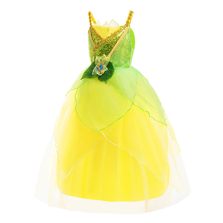 Princess Luxury Party Dress Tiana Cosplay Yellow Puffy Mesh Gown Princess Dress Comes With sleeves Halloween Cosplay Clothes