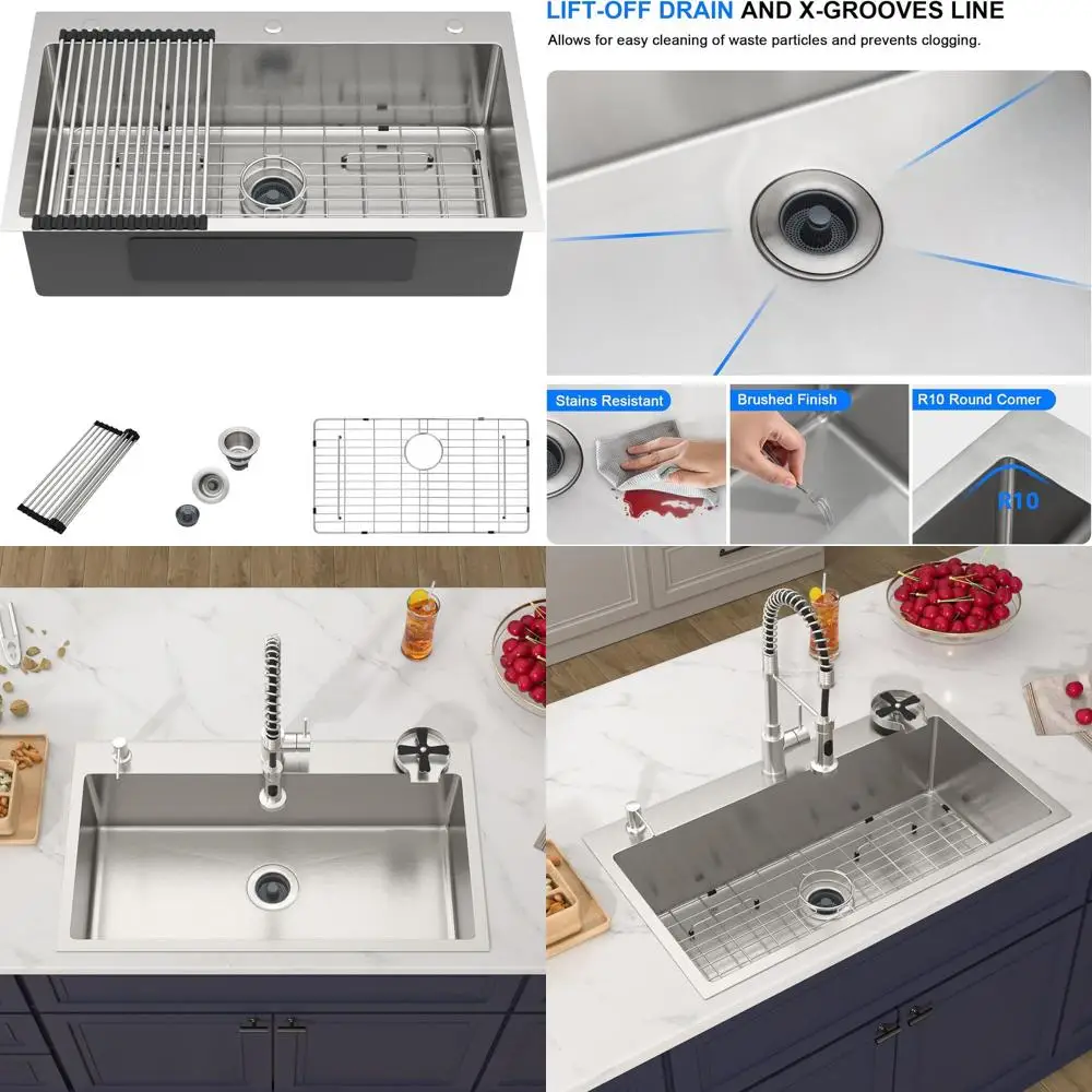 

33 x 19 Stainless Steel Single Bowl Kitchen Sink, 16 Gauge, Topmount Design with X-Drain