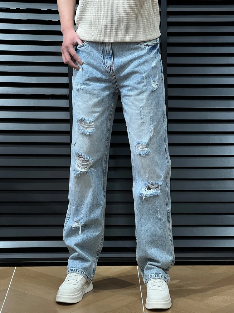 

Summer Trendy Men's Loose Straight Leg Jeans Casual Versatile Cotton Polyester Blend Youthful Style Classic Blue Denim Pants