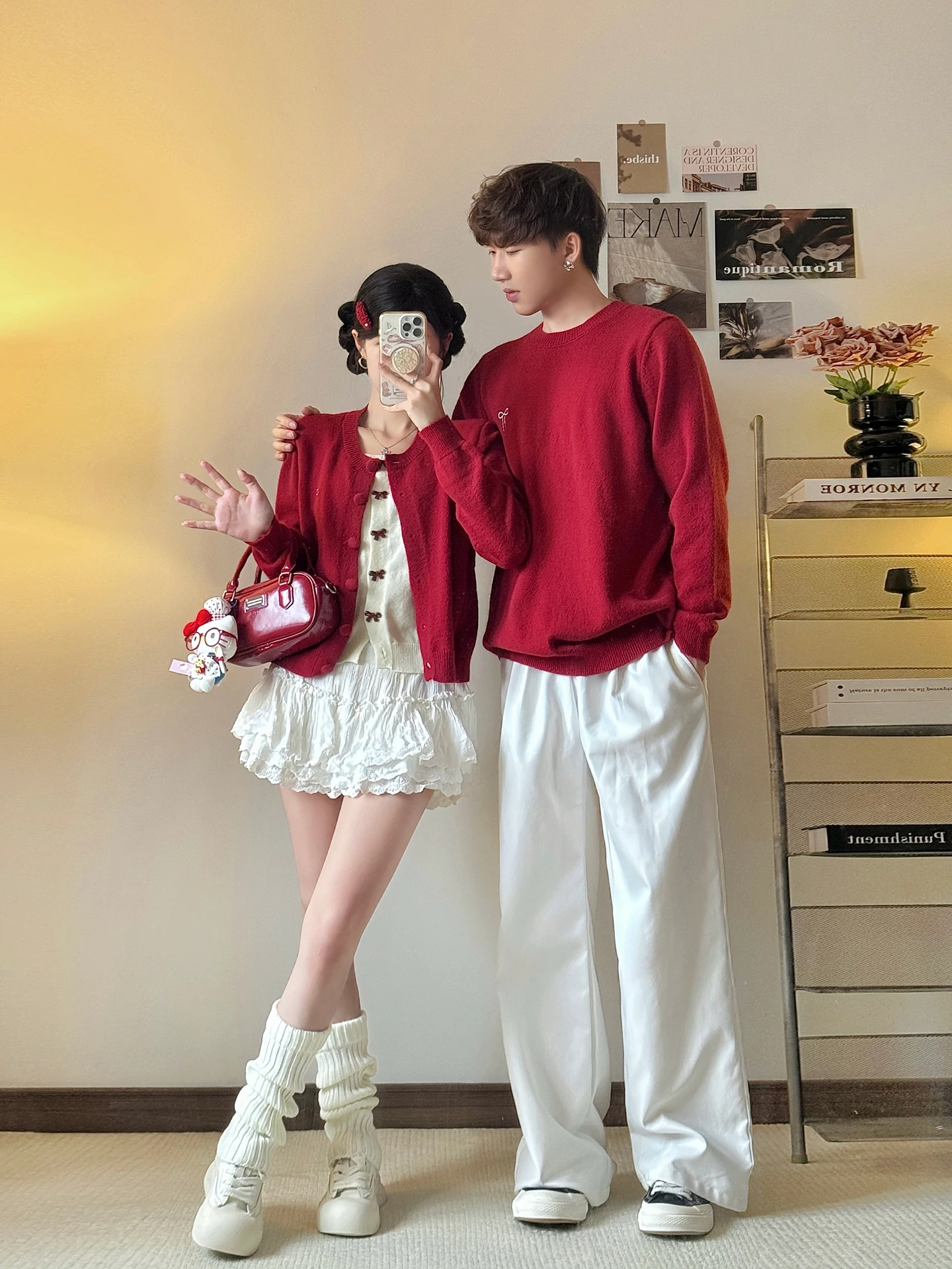Couples Knitted Sweaters Red Engagement New Year Long Short Top Matching Korean Style Breathable Soft Fabric Casual Wear