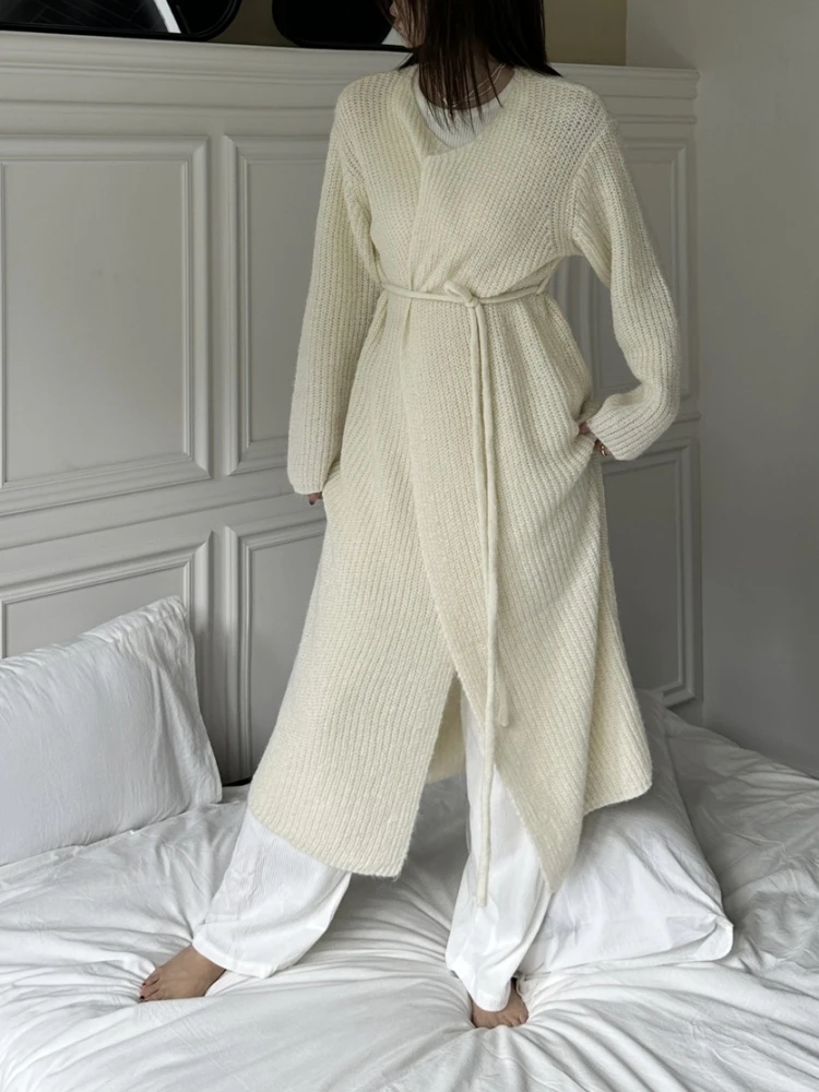 Lace Up Sweater Cardigan Women Thick Autumn Winter Coat 2023 England Style Vintage Knitted Long Cardigan femme Oversize Sweaters