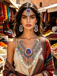 3PC Indian Afghan Jewerly Sets for Women Boho Ethnic Hairbands Necklace Earrings Coins Tassels Vintage Colorful Crystal Drop