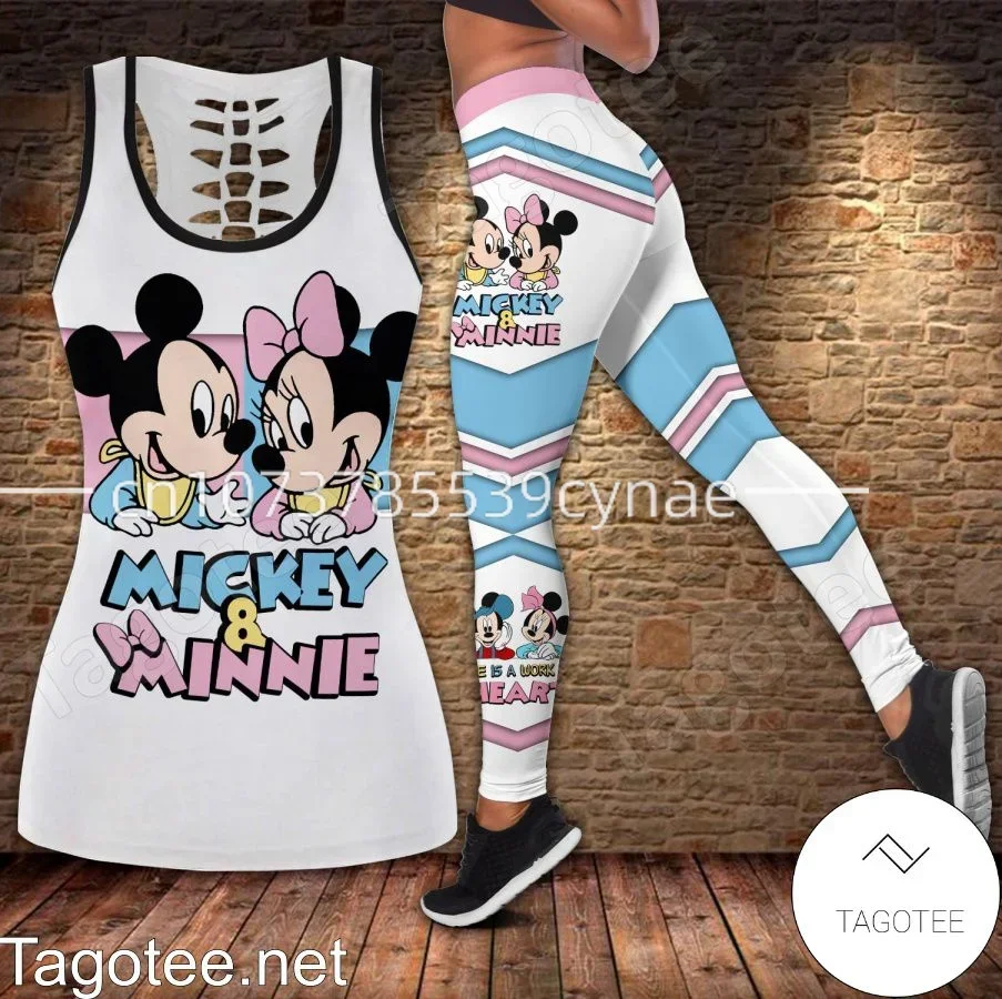 Disney-Chaleco hueco de Mickey y Minnie para mujer, traje de Yoga, Leggings de Fitness, traje deportivo, camiseta sin mangas, conjunto de mallas