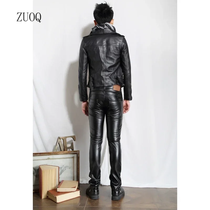 Personality Men\'s Leather Pants Slim Male Clothing PU Trousers Nightclub College Party Skinny Biker Streetwear