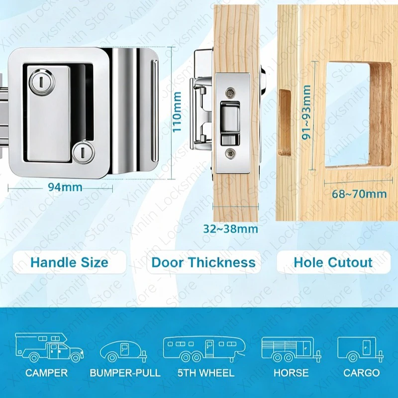 Metal RV Door Lock Double Key Anti-theft Camper Trailer Caravan Entry Door Lock Door Handle RV Replacement Accessories