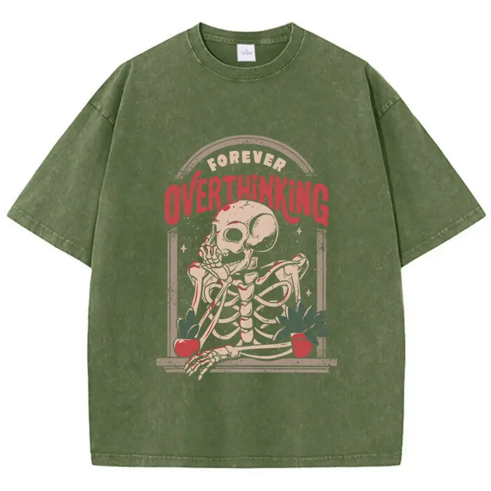 Casual Women'S Cotton Washed T-Shirts Skeleton Man On The Balcony Printing Tops Oversize O-Neck Soft Short Sleeve Female Clothes