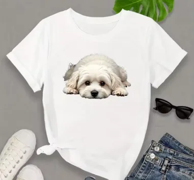 Women's Casual Sleeve Crew Neck T-Shirt Cute Maltese Dog Print Vibrant Green Medium Stretch Women's Harajuku Sleeve Casual