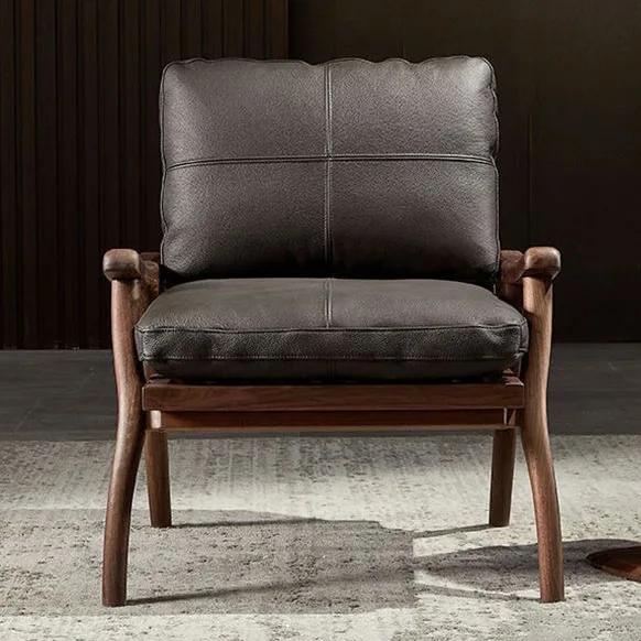North American Black Walnut Sofa Chair, Simple Genuine Leather Down Cushion, Leisure Chair, Nordic Single Sofa, Living Room Sofa
