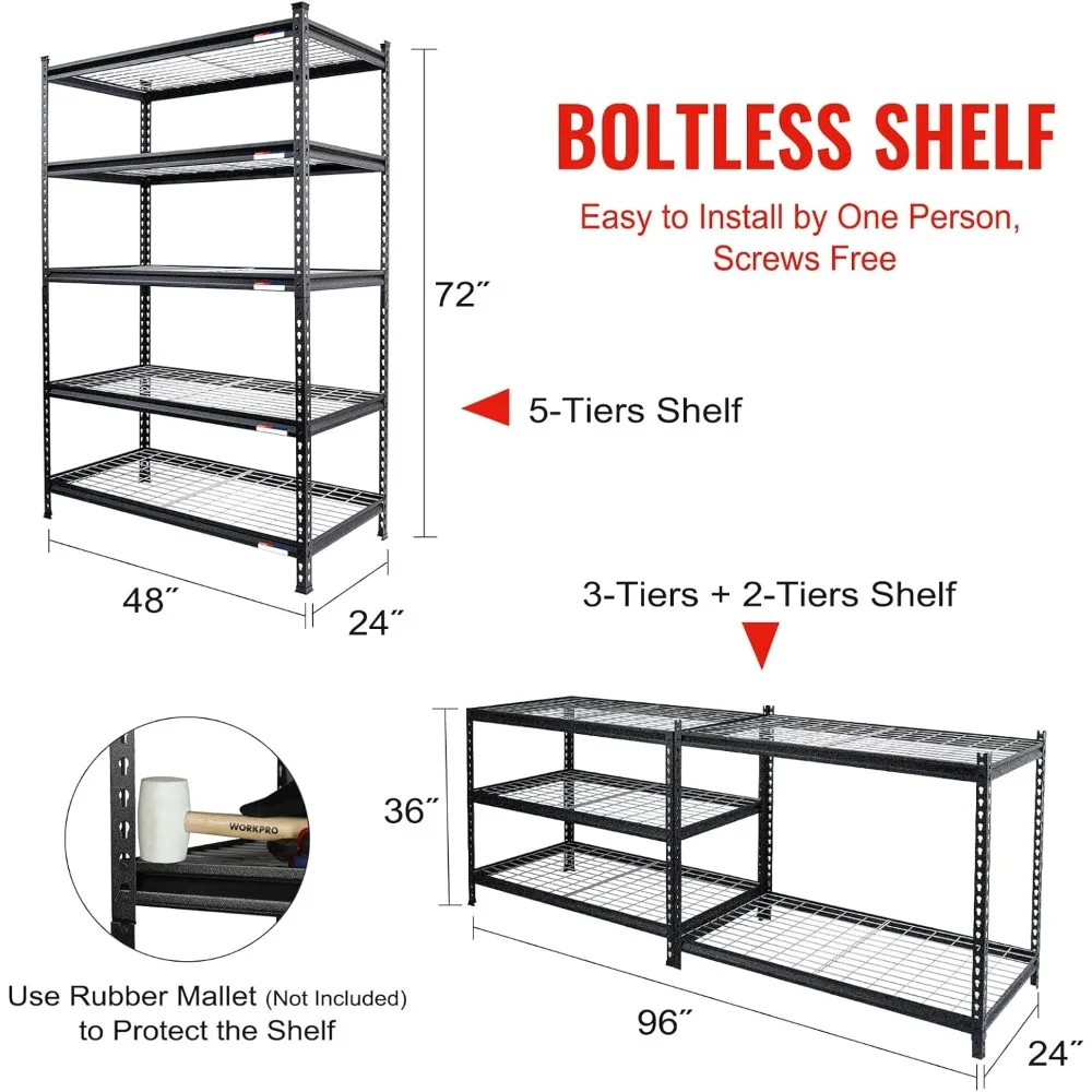 5-Tier Metal Storage Shelving Unit, 48”W x 24”D x 72”H, Adjustable Storage Rack Heavy Duty Shelf, 4000 lbs Load Capacity