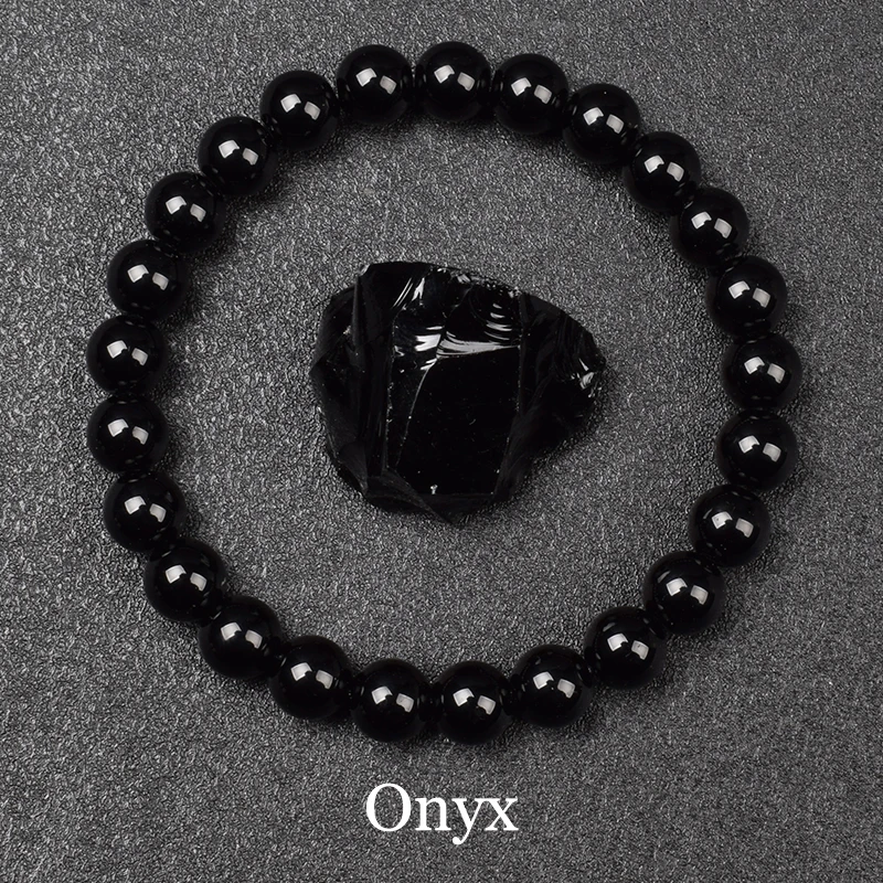 Pulsera de cuentas de ágatas negras para hombres y mujeres, piedra Natural de ónix negro genuino, cuentas redondas lisas de 6mm y 8mm, joyería de