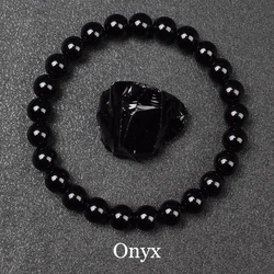 Pulsera de cuentas de ágatas negras para hombres y mujeres, piedra Natural de ónix negro genuino, cuentas redondas lisas de 6mm y 8mm, joyería de energía de la suerte