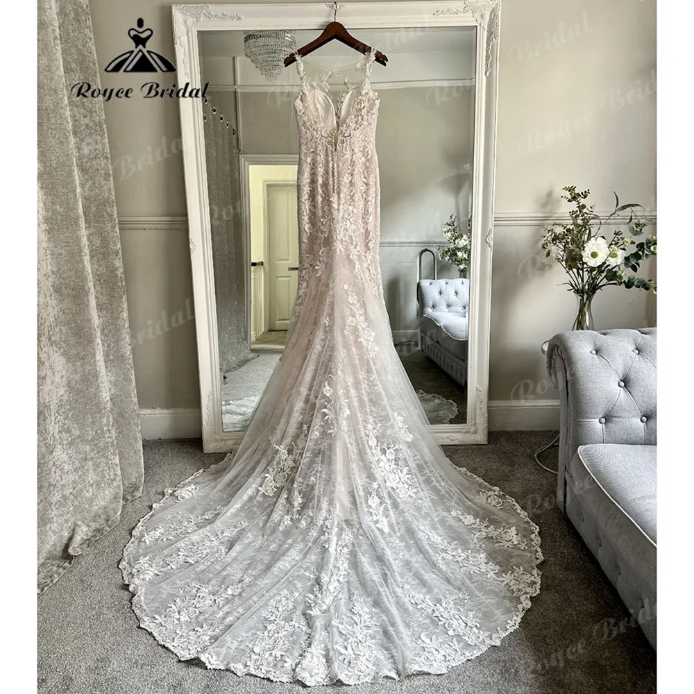 Luxo empoeirado rosa laço sereia/trompete sem mangas vestido de casamento 2023 apliques sem costas vestidos de noiva personalizado robe mariage femme