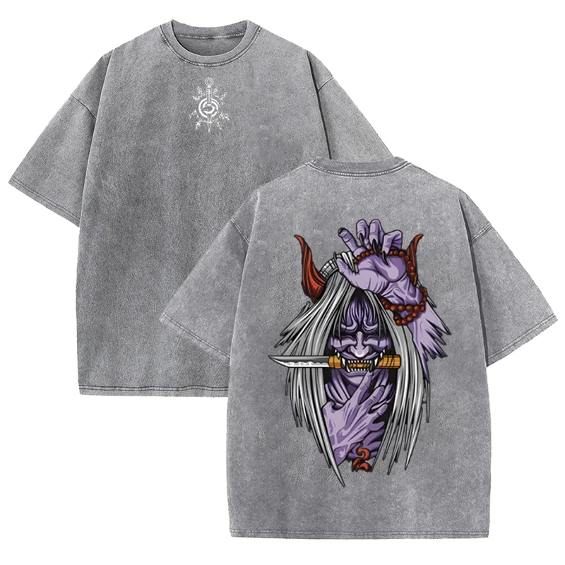 Japanisches Hannya-Dämon-Grafikdruck-T-Shirt im Vintage-Stil, gewaschenes Grau, lässige Streetwear