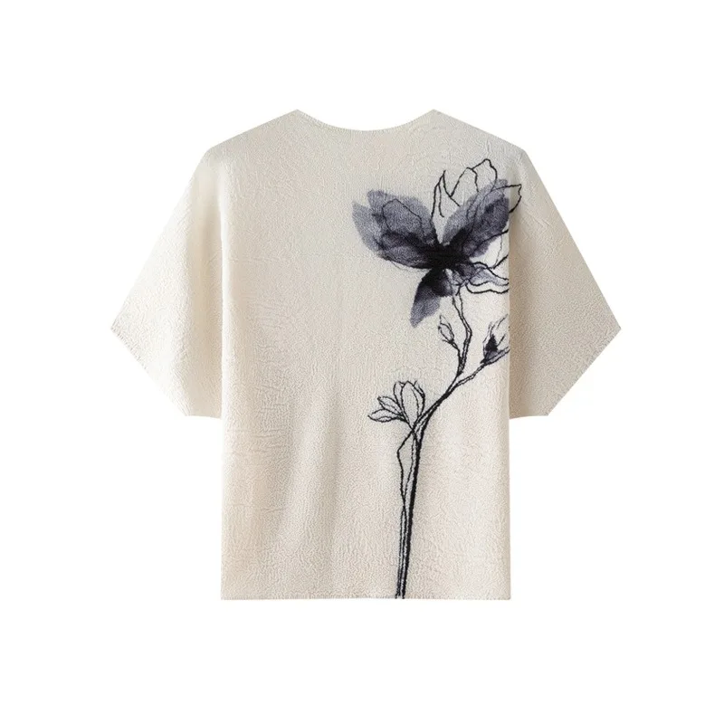 Miyake Pleated T-Shirt Spring Summer New Fashion Round Neck Printed Loose Pleated Fashion Versatile Short Sleeve Top for Women