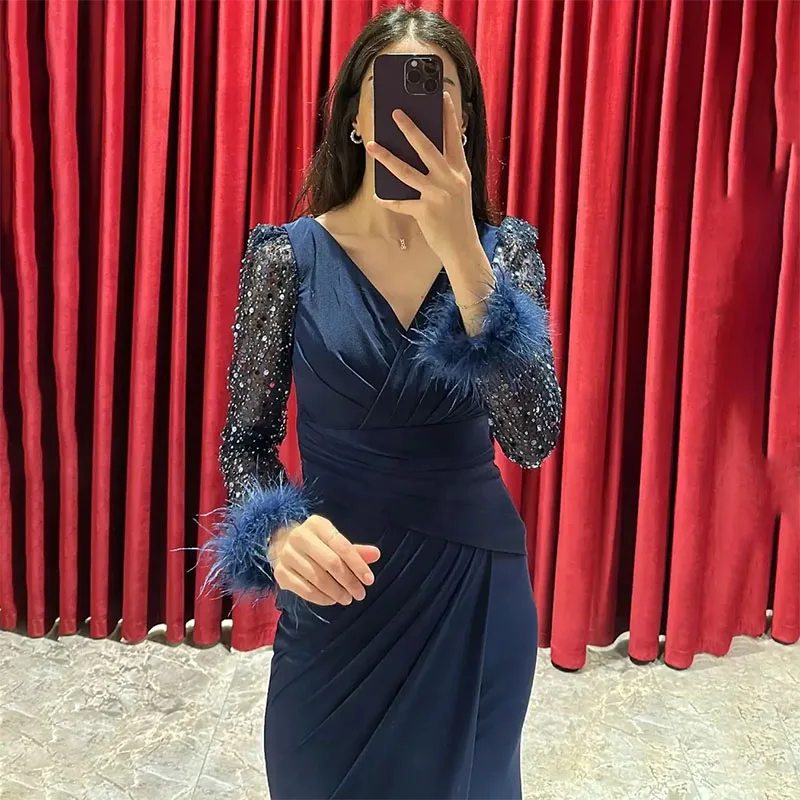 Robe de Soirée Longue Bleue à Col en V pour Femme, Dos aux, Paillettes, Manches sulf, Sirène, Traîne de Balayage, Sur Mesure, ix, Quelle que soit