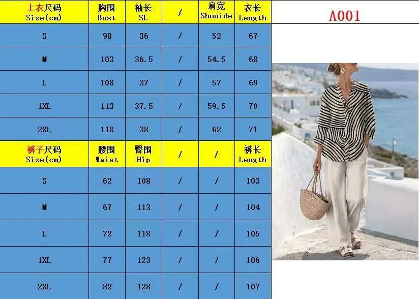 2 Pieces Set For Woman Summer Suit Pants V Neck Top Linen Blend Trousers Wide Leg Loose Fit Long Pants Blue Striped Button