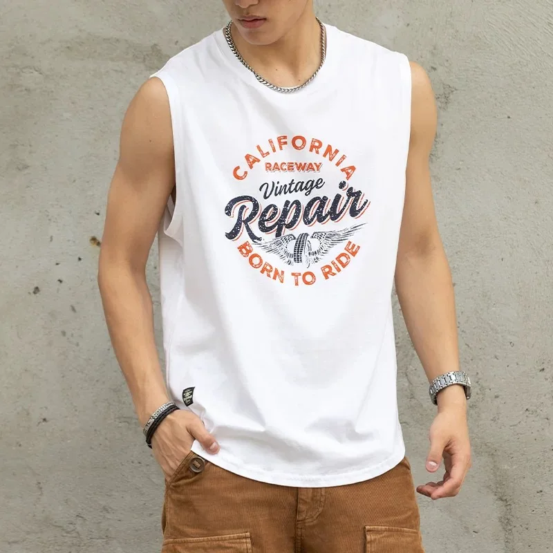 2025 Summer New American Retro Sleeveless O-neck Letter Printed T-shirt Men's Fashion 100% Cotton Basketball Sports Casual Vest