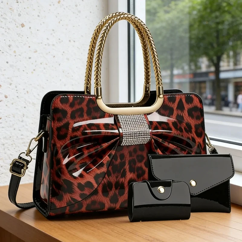 Butterfly Knot Leopard Print Women's Bag, High-Quality PU Material Satchel, Large Capacity Shoulder Crossbody Bag view 5