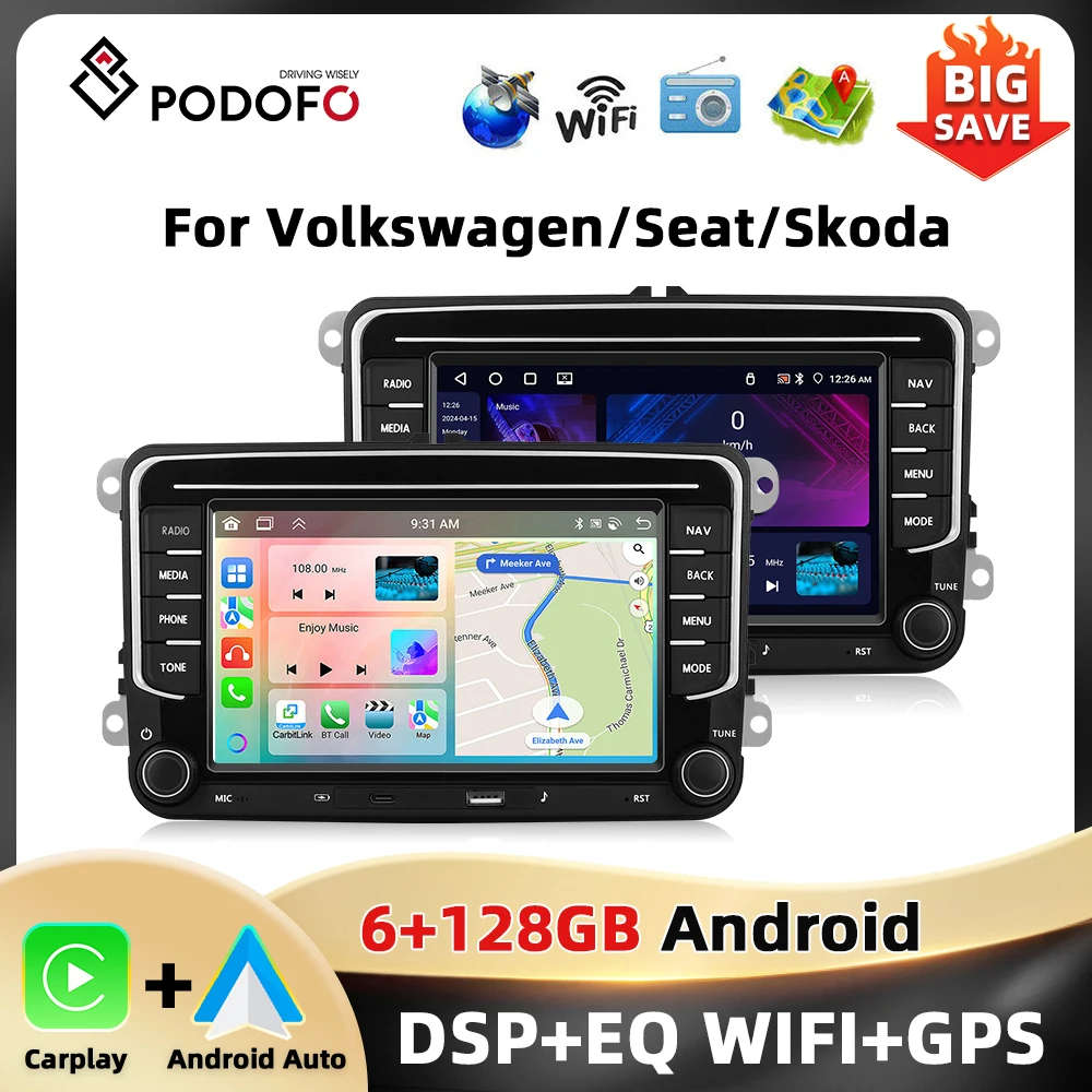 Podofo 6 + 128G 7'' Radio Samochodowe Dla VW/PASSAT/CADDY/POLO/BEETLE Odtwarzacz Multimedialny Carplay Android Auto Type-C WIFI GPS Audio Samochodowe