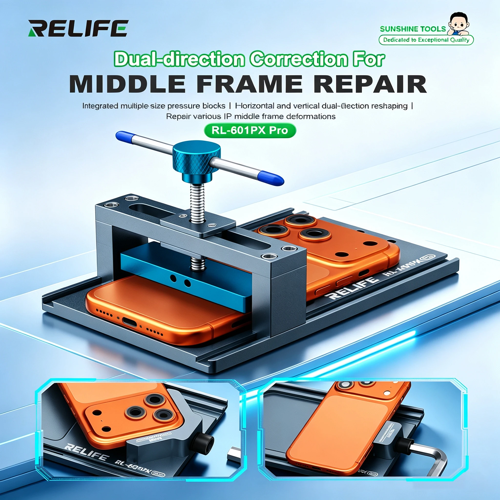 RELIFE RL-601PX Pro Phone Frame Straightener Dual Direction Bending Correction Tool Detachable Clamp Block for Phone Repair Tool