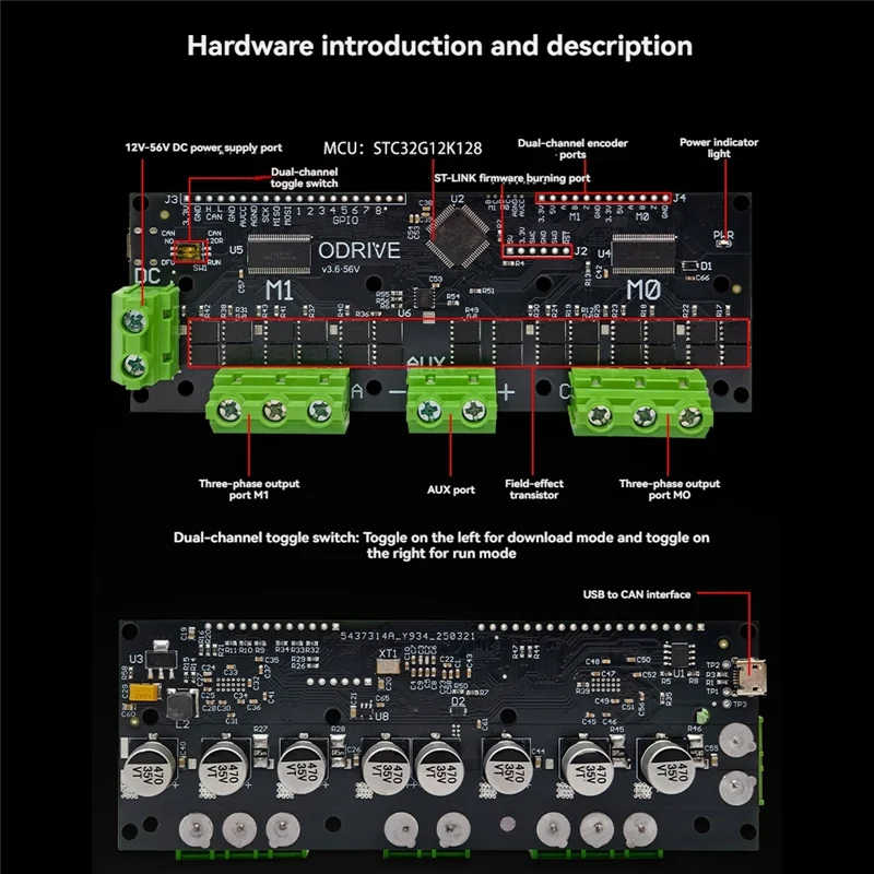 

A37T-Odrive3.6 56 В FOC-BLDC Сервоконтроллер с двумя двигателями STM32F4 Поддержка нескольких энкодеров Odrive3.6 Плата управления двигателем 12-56 В