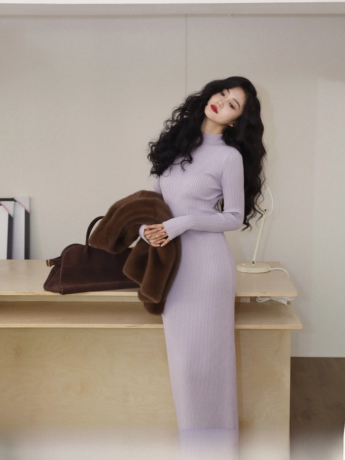 

Elegant Long Sleeve Knitted Dress TAIYANG Purple High Collar Slim Fit Women's Dress City Commute Suitable Spring Season