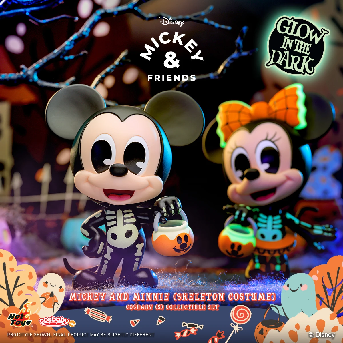 

Disney Mickey Mouse&Minnie (Skeleton Costume Edition) Cosbaby (S) Mini Collection Doll Luminous Ornament Halloween Gift