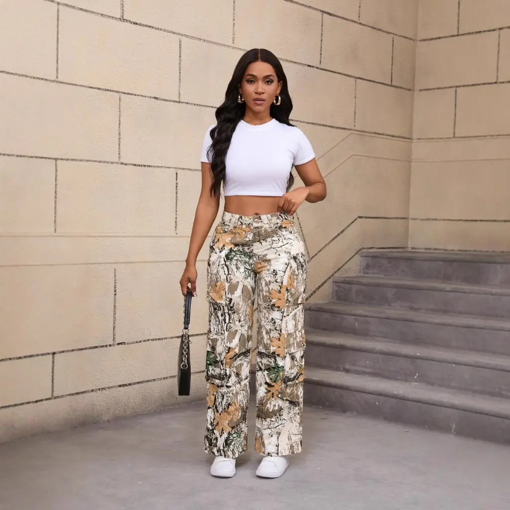 Women's High-Quality Denim Pants Autumn Fashion Workwear Printed Casual Loose Straight Mid-Waist