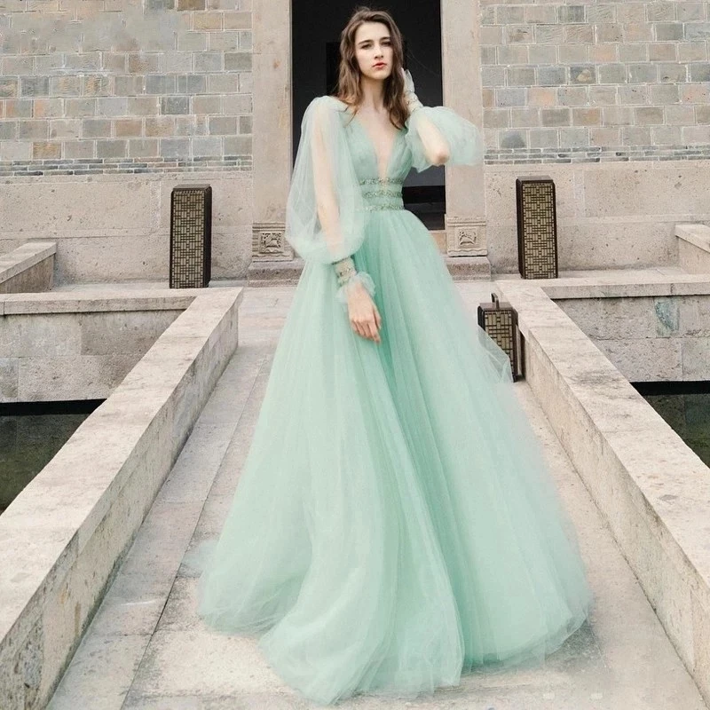 

ANGELSBRIDEP Mint Green Long Evening Party Gowns Beading Belt Puffy Sleeves Tulle Vestido De Soirée Gala Formal Prom Dress