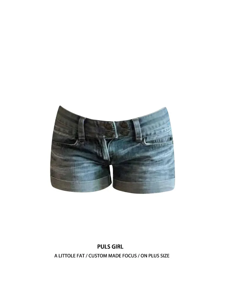 

Retro American Washed Distressed Denim Shorts Women's plus Size Slim Straight Hot Pants Summer Casual mid Waist Button