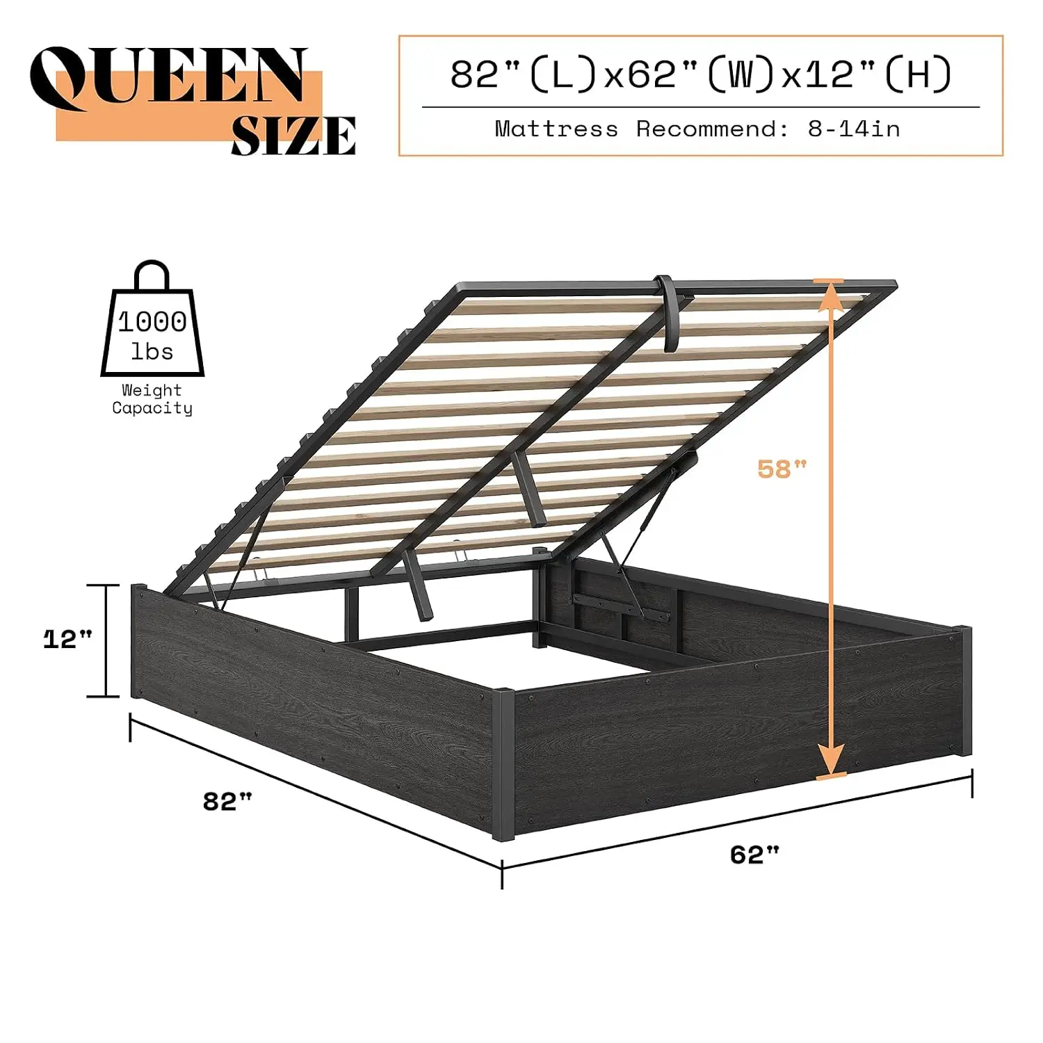 Queen Lift Up Storage Bed Frame,Custom image 3