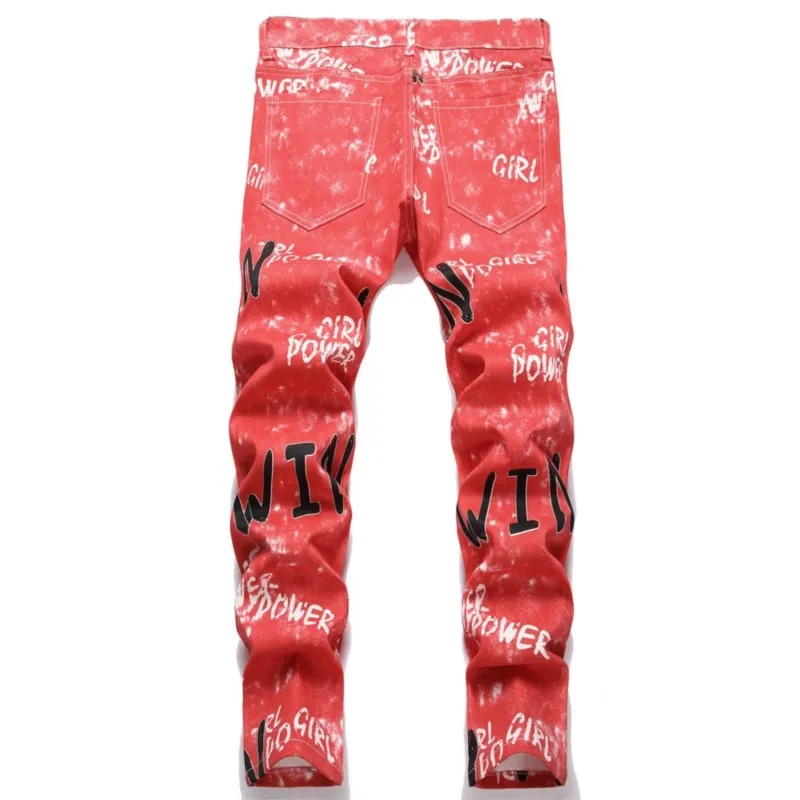 High Quality Men's Denim Jeans Letter Printed Red Teenager Trousers Daily Party Trend Straight Hip Hop High Street Pants