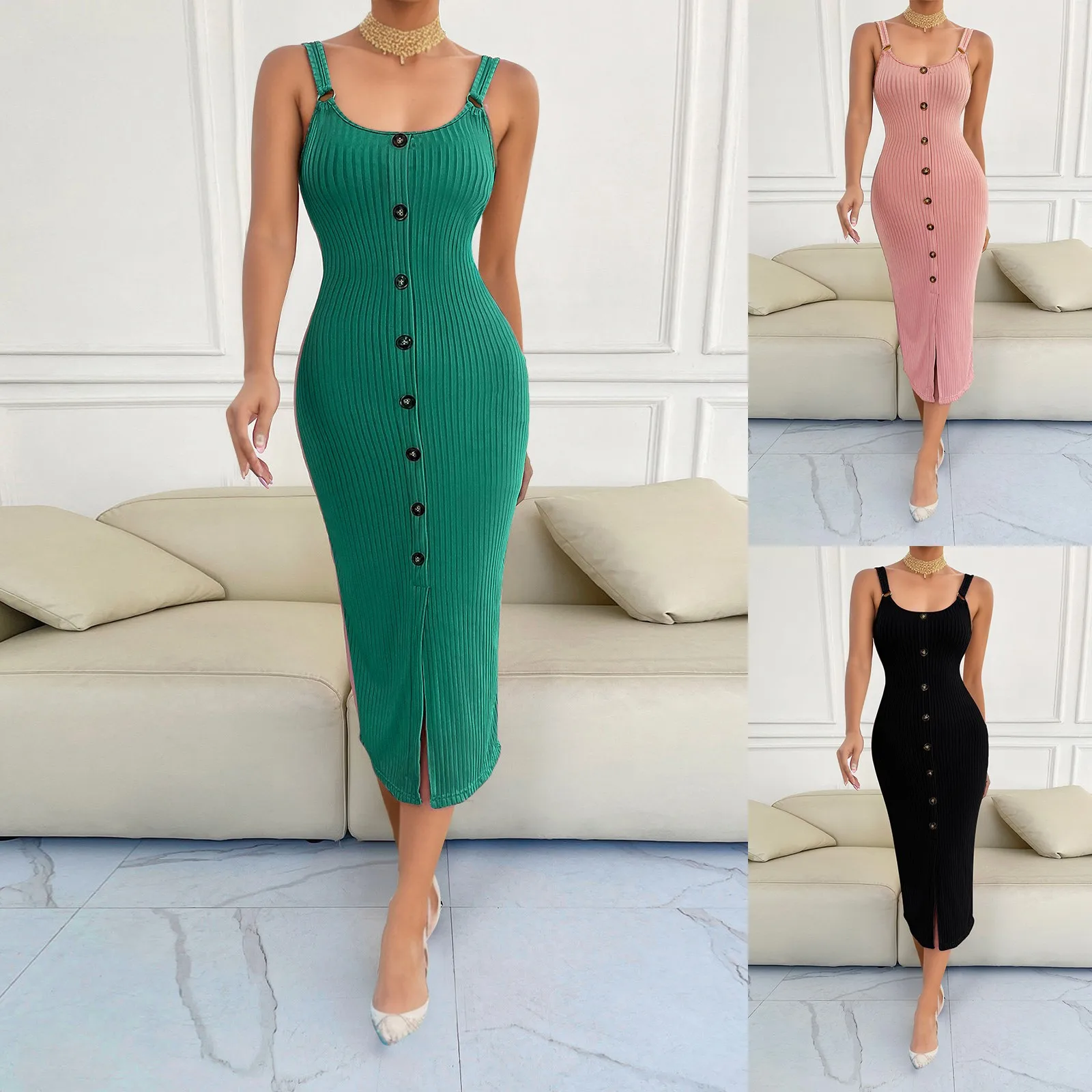 

Women Summer Casual Striped Dress Sleeveless Halter Temperament Comfortable Long Dress Women's Sexy Tank Knee Length Dress